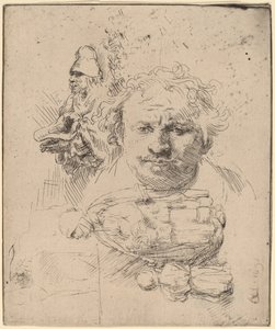 Tanulmányi lap a művész vezetőjével, egy koldus férfival, valamint nővel és gyermekkel alkotó: Rembrandt van Rijn