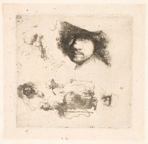 Tanulmányi lap: Rembrandt feje, kolduspár, öregember és öregasszony feje stb. alkotó: Rembrandt van Rijn