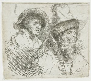 Tanulmánylap, amelyen egy beteg nő fekszik az ágyban: két férfi alak mellszobra alkotó: Rembrandt van Rijn