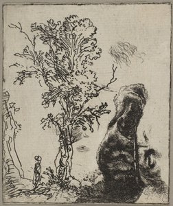 Lap két tanulmánnyal: egy fa és egy veleget viselő Rembrandt fejének felső része..., kb. 1642. alkotó: Rembrandt van Rijn