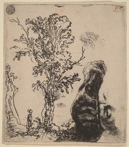 Lap két vázlattal: egy fa, valamint a művész fejének felső része, bársony sapkában alkotó: Rembrandt van Rijn
