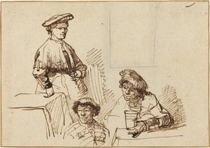 Vázlatok egy kocsmából: álló nő és két férfi ül alkotó: Rembrandt van Rijn