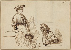 Vázlatok egy kocsmából: Álló nő és két ülő férfi alkotó: Rembrandt van Rijn