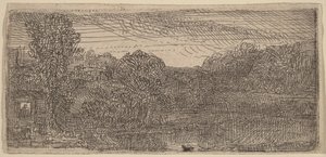 Kis szürke tájkép: egy ház és fák egy medence mellett alkotó: Rembrandt van Rijn