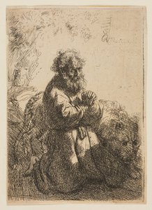 Szent Jeromos imában térdel, lenéz alkotó: Rembrandt van Rijn