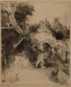 Szent Jeromos olasz tájon olvas alkotó: Rembrandt van Rijn