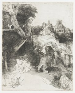 Olvasó Szent Jeromos egy olasz tájképben alkotó: Rembrandt van Rijn