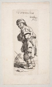 Balra forduló, álló paraszt és egy bottal rendelkező alak a háttérben „Tis vinnich Kout” alkotó: Rembrandt van Rijn