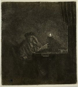 Diák egy asztalnál gyertyafénynél alkotó: Rembrandt van Rijn