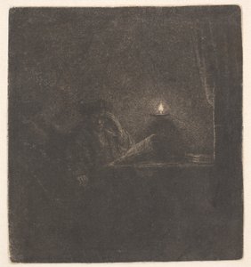 Egy diák egy asztalnál gyertyafénynél alkotó: Rembrandt van Rijn