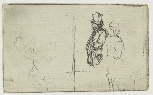 Vázlatlap két rajzzal, az egyik két parasztot ábrázol alkotó: Rembrandt van Rijn