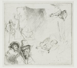 Tanulmánylap, amelyen egy beteg nő fekszik az ágyban alkotó: Rembrandt van Rijn