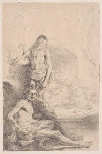 Aktrajzok: egy ülő és egy álló férfi; a háttérben halványan megrajzolt nő és csecsemő alkotó: Rembrandt van Rijn