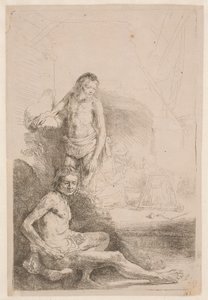 Aktrajzok: egy ülő és egy álló férfi; a háttérben halványan megrajzolt nő és csecsemő alkotó: Rembrandt van Rijn