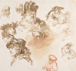 Tanulmányok öregemberfejekről és három nő gyermekekkel, 1635-36 körül (tus és mosás, papír) alkotó: Rembrandt van Rijn