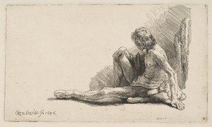 Tanulmány az aktból: Földön ülő ember, kinyújtott lábbal, 1646. alkotó: Rembrandt van Rijn