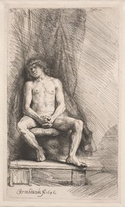 Aktrajz: függöny előtt ülő férfi alkotó: Rembrandt van Rijn