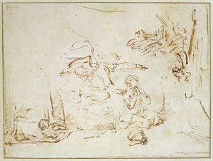 Az angyal megjelenik Hágárnak és Izmaelnek a vadonban (toll és barna tinta testszínnel a papíron) alkotó: Rembrandt van Rijn