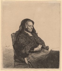 A művész anyja egy asztalnál ül, és jól néz alkotó: Rembrandt van Rijn
