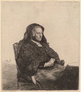 A művész anyja egy asztalnál ül, és jól néz alkotó: Rembrandt van Rijn