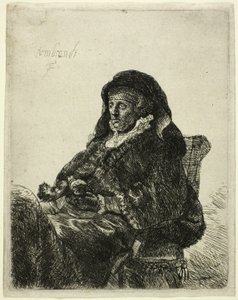 A művész anyja egy asztalnál ülve, jobbra tekintve: Háromnegyedes hossz alkotó: Rembrandt van Rijn