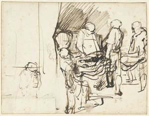 A temetés, egy hóhér vázlata felett alkotó: Rembrandt van Rijn