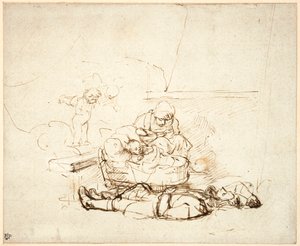 Alvó Szent Család, angyalokkal, 1645 (toll és tinta, gouache papíron) alkotó: Rembrandt van Rijn