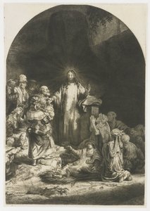 A száz guldenes nyomat: a központi darab Krisztus prédikálásával, a lemez íves alkotó: Rembrandt van Rijn