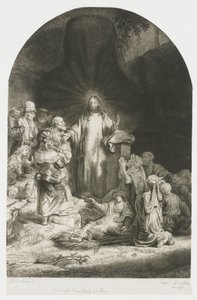 A „Száz guldenes metszet”: a középső rész, amelyen Krisztus prédikál, a lemez íves alkotó: Rembrandt van Rijn
