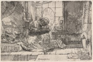 A Szűz és a Gyermek a macskával és a kígyóval, 1654. alkotó: Rembrandt van Rijn