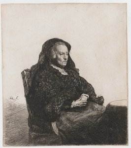 A művész anyja egy asztalnál ült, és jól néz: háromnegyed hosszú alkotó: Rembrandt van Rijn