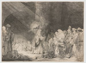 A bemutató a templomban: hosszúkás nyomtatás alkotó: Rembrandt van Rijn