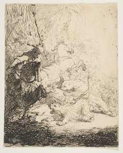 A kis oroszlánvadászat, két oroszlánnal, kb. 1632. alkotó: Rembrandt van Rijn