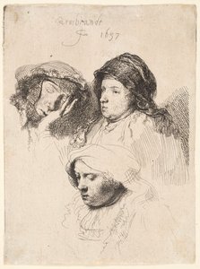 Három nőfej, egy alszik alkotó: Rembrandt van Rijn