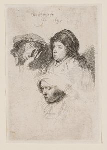 Három női fej, az egyik alszik alkotó: Rembrandt van Rijn