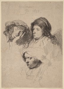 Három női fej, az egyik alszik alkotó: Rembrandt van Rijn