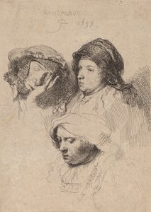 Három nőfej, egy alszik, 1637. alkotó: Rembrandt van Rijn
