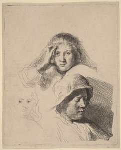 Három női fej, az egyik enyhén metszett alkotó: Rembrandt van Rijn