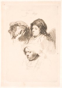 Három nőfej, egy alszik alkotó: Rembrandt van Rijn