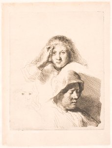 Három női fej, az egyik enyhén maratott alkotó: Rembrandt van Rijn