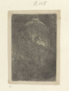 Nő az ajtóban, egy gyerekes férfival beszélget Recueil de quatre-vingt-cinq estampes originales (sorozat címe) alkotó: Rembrandt van Rijn