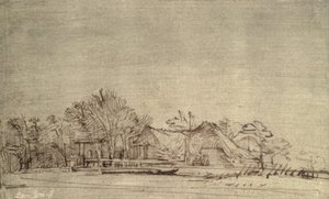 Téli táj házikókkal a fák között, 1650 körül (nád toll és barna tinta) alkotó: Rembrandt van Rijn
