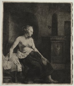 Nő félig felöltözve ül a tűzhely mellett alkotó: Rembrandt van Rijn