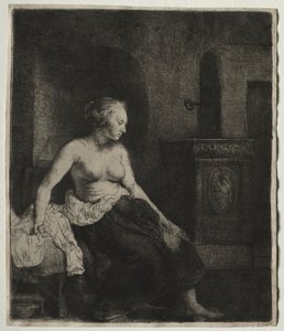 Nő félig felöltözve ül a tűzhely mellett, 1658. alkotó: Rembrandt van Rijn