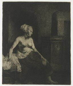 Nő félig felöltözve ül a tűzhely mellett Nő félig felöltözve ül a tűzhely mellett alkotó: Rembrandt van Rijn