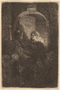 Nő az ajtóban, és egy férfival és gyerekekkel beszélget (az iskolamester) alkotó: Rembrandt van Rijn