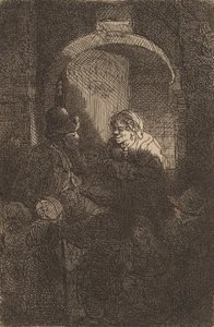 Nő az ajtónyílásban, egy férfival és gyerekekkel beszélget Az iskolamester, 1641. alkotó: Rembrandt van Rijn