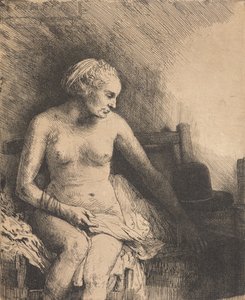 Fürdőző nő, mellette egy kalappal alkotó: Rembrandt van Rijn