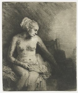 Nő a fürdőben, kalappal mellette Nő a fürdőben egy kalappal mellette alkotó: Rembrandt van Rijn