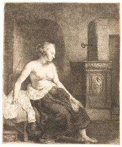 Nő félig felöltözve ül a tűzhely mellett alkotó: Rembrandt van Rijn